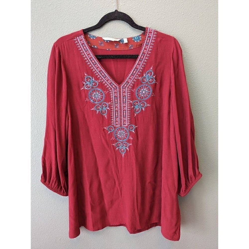 Soft Surroundings PRIETA Tunic Top Embroidered V-Neck Women's Size L